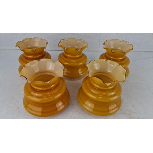 596 - Set of five vintage amber glass shades with ruffled edges. They showcase a golden yellow hue transit... 