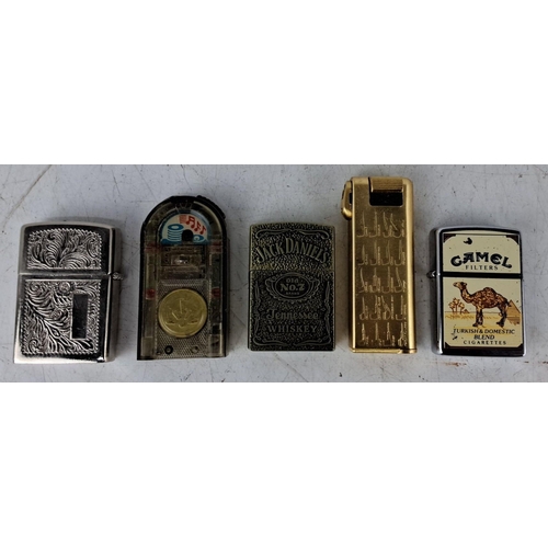 605 - Collection of five vintage lighters (including zippo) featuring designs such as intricate floral pat... 