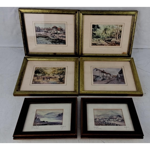 609 - Framed watercolor landscape and townscape paintings, featuring scenes of towns, forests, rivers, and... 