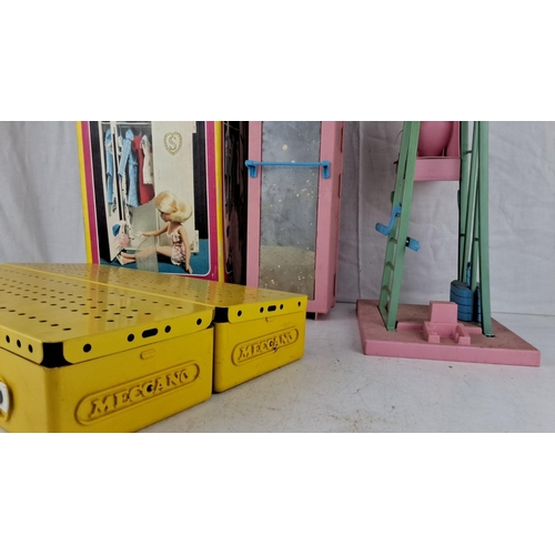 616 - Mixed lot includes Meccano yellow storage boxes, Sindy Wardrobe toy set with original packaging, and... 