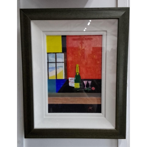 618 - Framed oil painting. This piece showcases a stylized still life with a champagne bottle, glasses, an... 