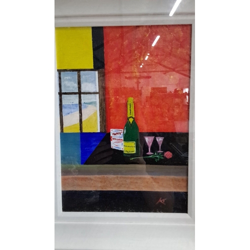 618 - Framed oil painting. This piece showcases a stylized still life with a champagne bottle, glasses, an... 