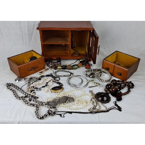 81 - Vintage wooden jewellery box with glass door, inclusive of assorted costume jewellery such as neckla... 