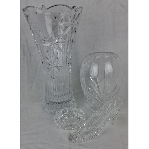 84 - Set of four intricately cut crystal pieces. Includes a large vase, round vase, small dish, and decor... 