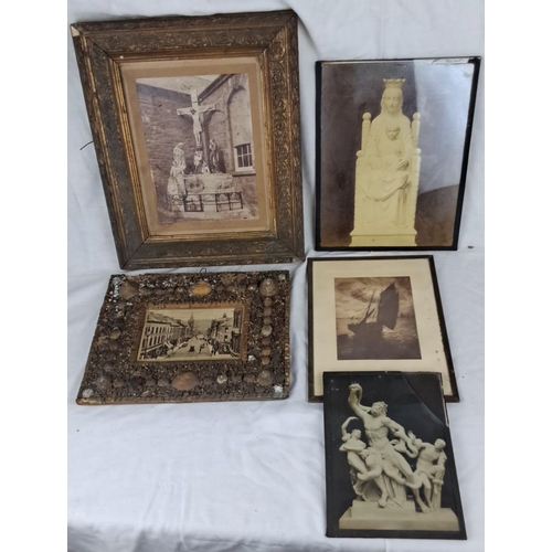 91 - Set of five framed vintage photographs. The images feature European street scenes, religious statues... 