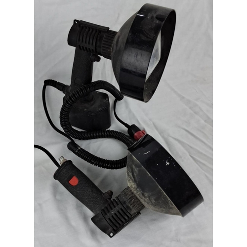 93 - Set of two black handheld spotlights with adjustable stands and coiled power cords.