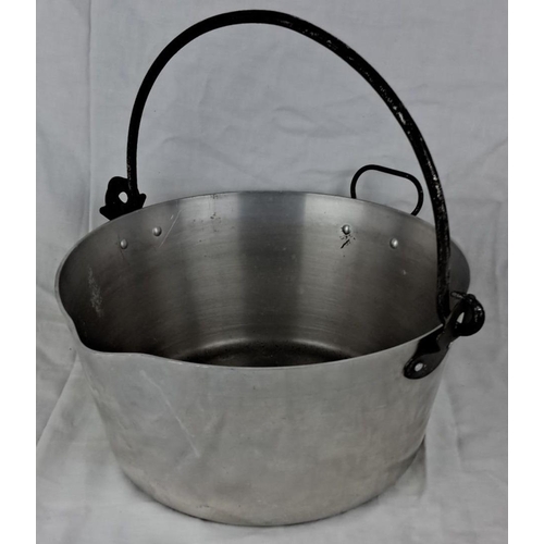 95 - Vintage aluminium pan with black metal handle featuring riveted connections.