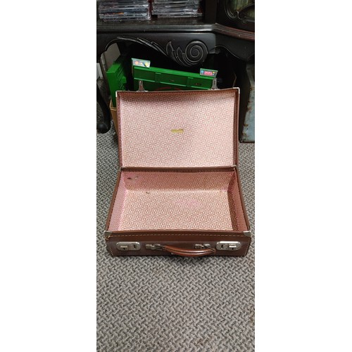 56 - Vintage Noton Luggage suitcase with brown leather exterior and patterned interior lining. Made in En... 