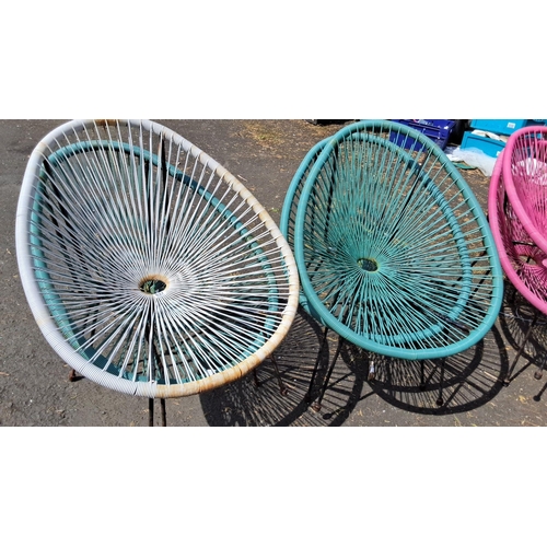 637 - Four Acapulco chairs with turquoise and white woven seats and black metal legs.