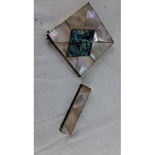 1182 - Mother of Pearl and Abalone Inlay Compact and Lipstick Case Set. Intricate geometric design with shi... 