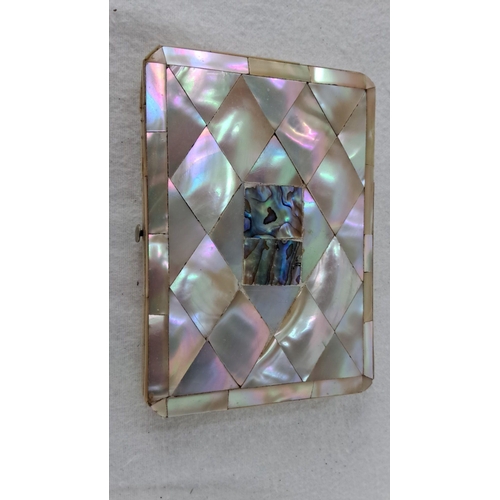 1183 - Vintage mother-of-pearl accordion-style card case with blue fabric interior. Intricate mosaic design... 