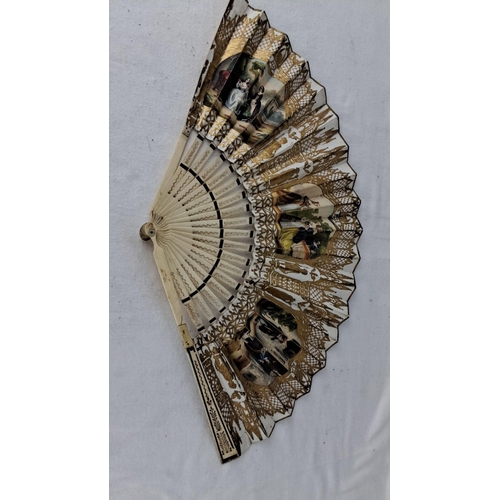 1195 - Antique hand-painted fan with delicate gold filigree scenes. Finely carved and adorned with intricat... 