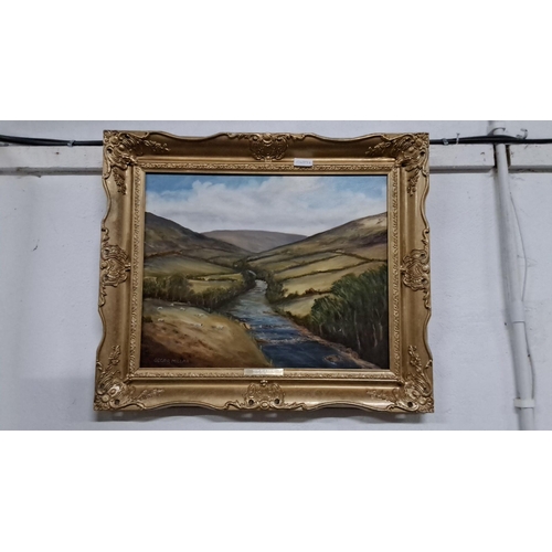 1201 - Oil painting by Oscar Millar, depicting a serene landscape scene with a river, hills, and foliage. S... 