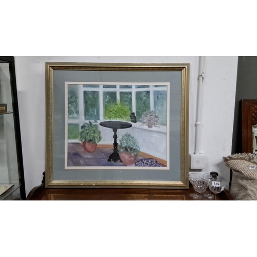 1202 - Framed oil painting depicting an interior scene with potted plants and a table, signed 