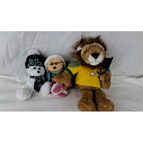 1205 - Set of three plush toys, featuring a bear with hat and scarf, a bear with glasses and bonnet, and a ... 