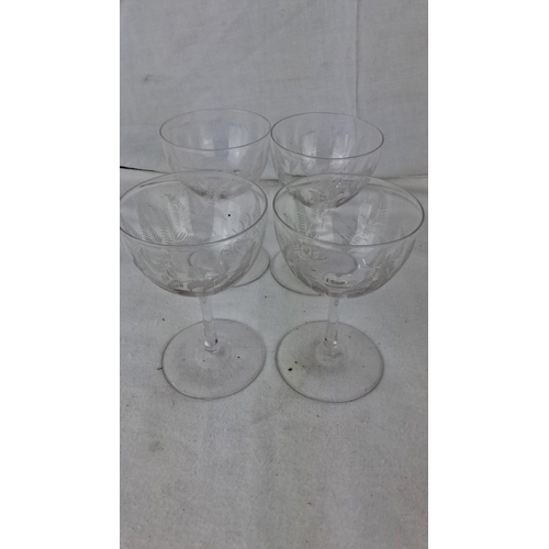 1206 - Set of four etched glass champagne coupes with fern motif detailing.