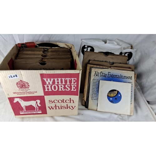 1207 - Collection of vinyl records including various artists. Stored in a White Horse Scotch Whisky box. Hi... 