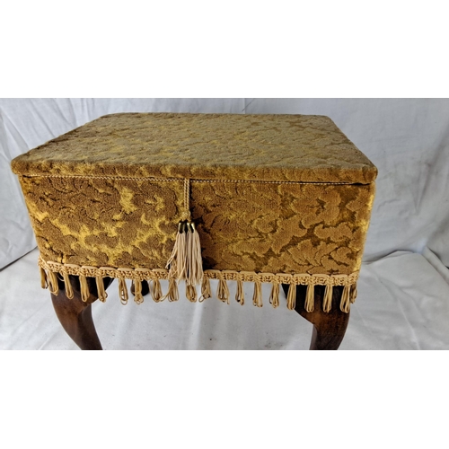 1208 - Victorian-style sewing box with tufted satin interior, gold floral upholstery, tassel trim, and cabr... 