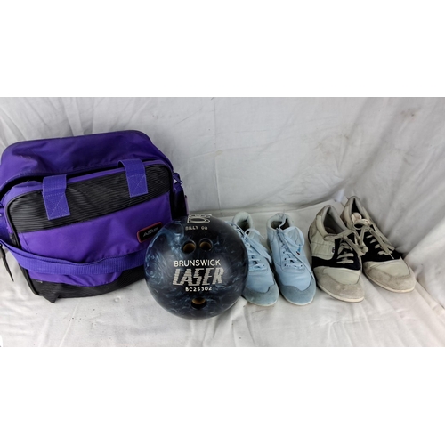 1210 - Bowling equipment set including a Brunswick Laser bowling ball (BC25302), AMF branded purple bag, an... 