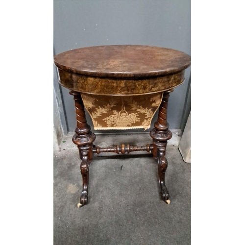 1215 - Victorian walnut sewing table featuring an oval top, an interior lid with decoration, and a storage ... 