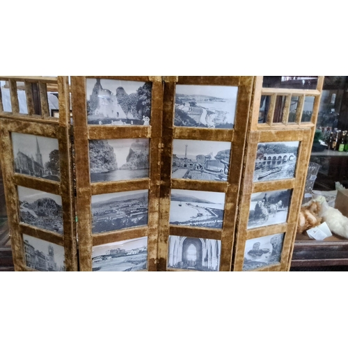 1231 - Antique three-panel folding screen featuring sepia-toned photographic prints in a gold velvet frame.... 