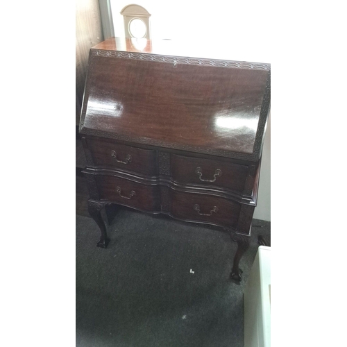 1232 - Edwardian mahogany drop front secretary desk with intricate carved details, cabriole legs, and two s... 