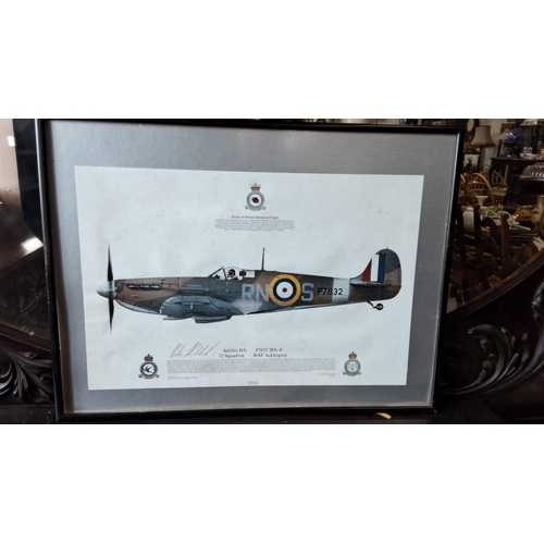 1235 - Framed print of Spitfire IIA, P7832 RN-S, 72 Squadron RAF Acklington. Includes signature and histori... 