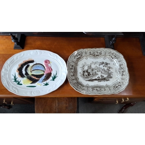 1236 - Set of two platters: one with a colorful hand-painted turkey design, the other featuring a detailed ... 