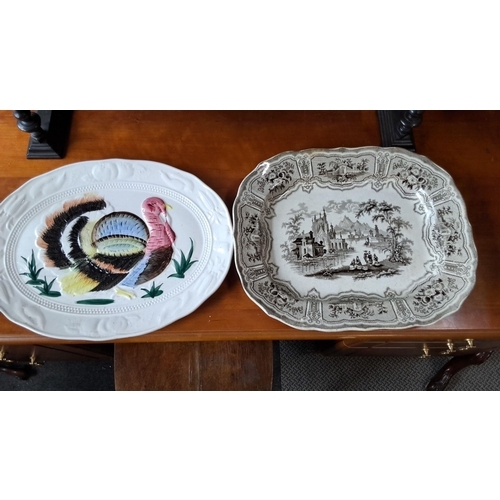 1236 - Set of two platters: one with a colorful hand-painted turkey design, the other featuring a detailed ... 