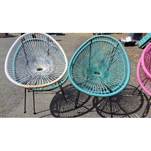 637 - Four Acapulco chairs with turquoise and white woven seats and black metal legs.