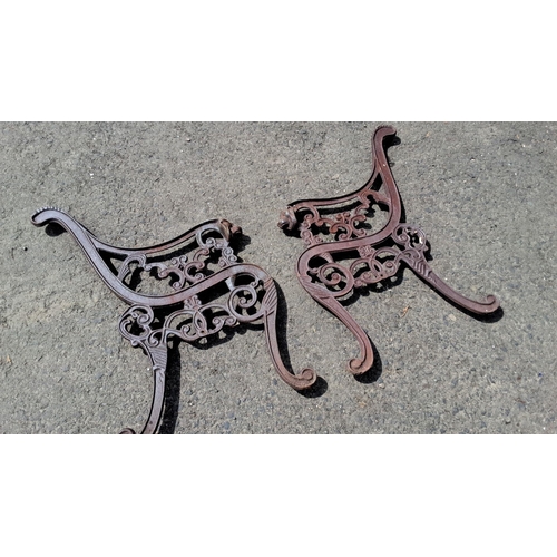 685 - Pair of ornate cast iron bench legs with intricate scrollwork design.