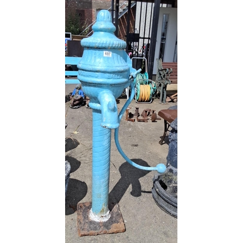 697 - Antique cast iron garden cow tail water pump for Ballymoney Northern Ireland, painted blue. Likely l... 