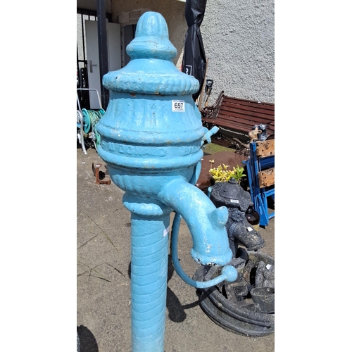 697 - Antique cast iron garden cow tail water pump for Ballymoney Northern Ireland, painted blue. Likely l... 