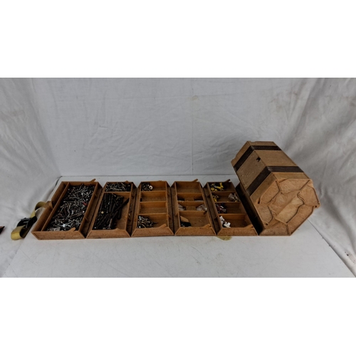 713 - Hexagonal Rolykit tool chest with seven internal compartments, stocked with various screws and hardw... 