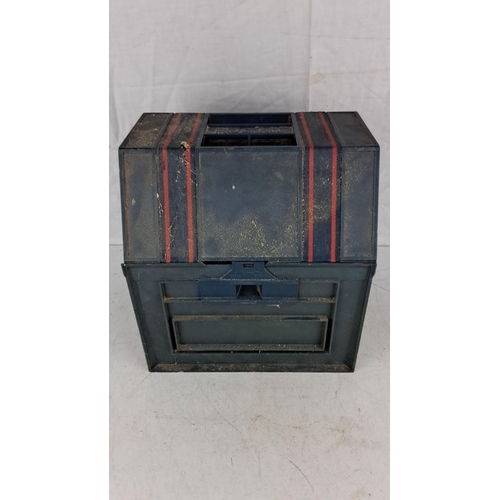 715 - Vintage RolyKit fold-out toolbox. Blue plastic with red stripes. Contains assorted small tools and p... 