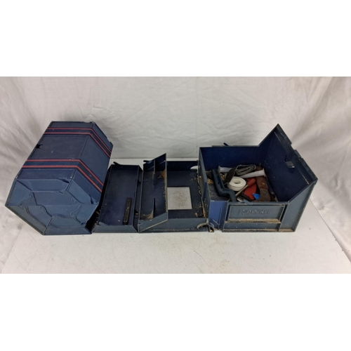 715 - Vintage RolyKit fold-out toolbox. Blue plastic with red stripes. Contains assorted small tools and p... 