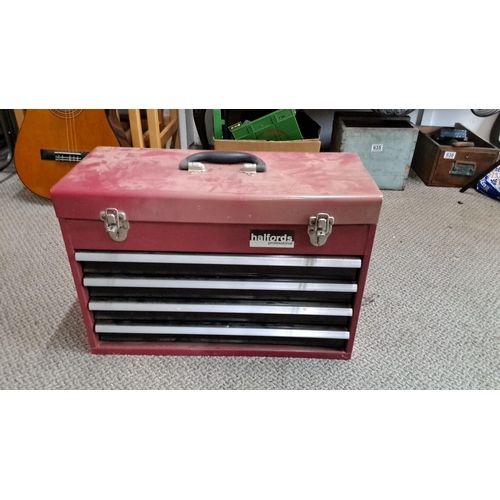 727 - Halfords Professional red metal tool chest with multiple drawers and assorted tools.