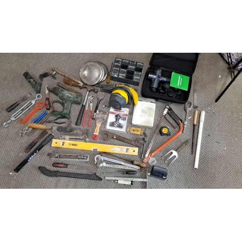 732 - Assorted hand and power tools including wrenches, hammers, screwdrivers, levels, hand saws, a massag... 