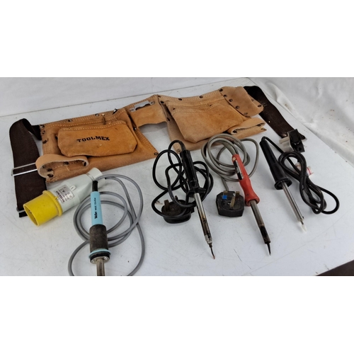 742 - Tool belt by Toolmex, made of leather, includes four assorted soldering irons and a small volt drive... 