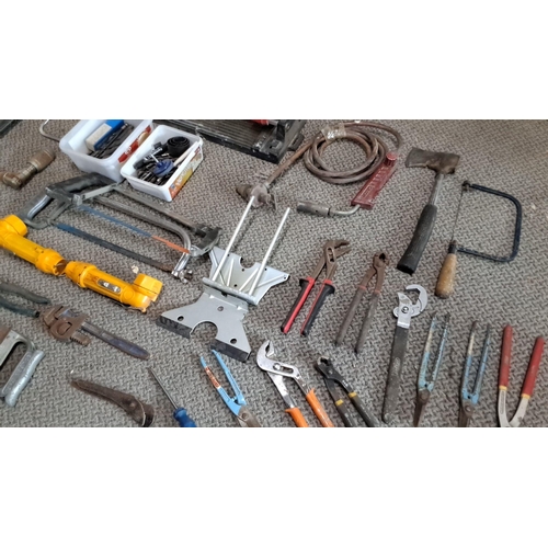 747 - Assorted hand tools including hacksaws, hammers, wrenches, pliers, files, drill bits, and tool trays... 