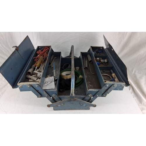 753 - Vintage metal toolbox with multiple compartments. Includes a variety of hand tools like wrenches, sc... 