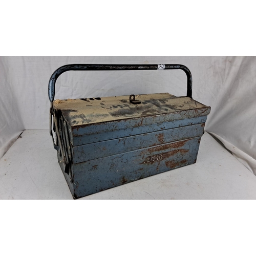 753 - Vintage metal toolbox with multiple compartments. Includes a variety of hand tools like wrenches, sc... 