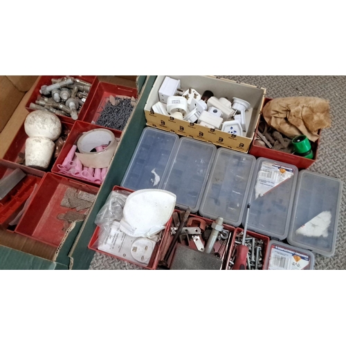 754 - Mixed lot of various hardware items in organized compartments. Includes bolts, screws, electrical co... 