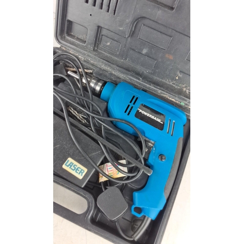 757 - Powerbase electric drill in a black plastic case. Includes Laser tool accessory and drill bits.