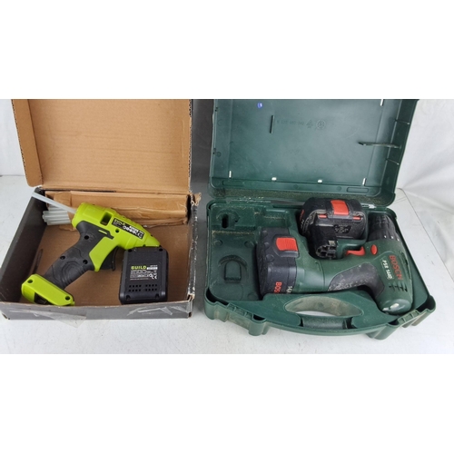 767 - Cordless glue gun with battery and charger. Bosch PSR 1440 cordless drill with two batteries in a ca... 