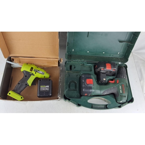 767 - Cordless glue gun with battery and charger. Bosch PSR 1440 cordless drill with two batteries in a ca... 