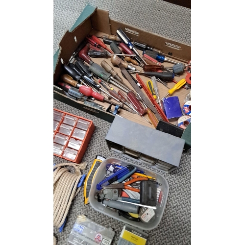 768 - Mixed lot of assorted hand tools, hardware, and accessories. Includes screwdrivers, cutting tools, f... 