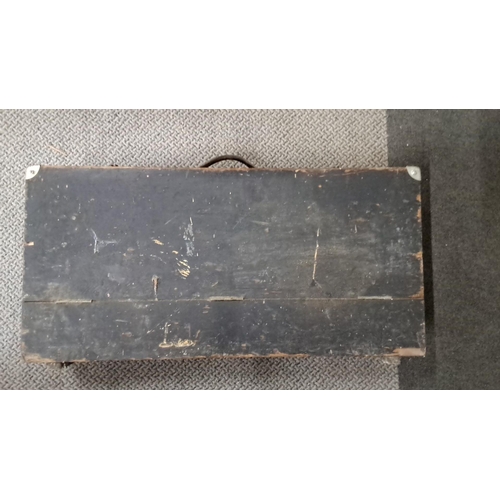 773 - Vintage wooden toolbox, likely early 20th century. Exterior in worn black paint, with sturdy metal h... 