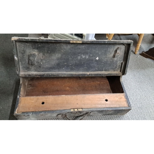 773 - Vintage wooden toolbox, likely early 20th century. Exterior in worn black paint, with sturdy metal h... 