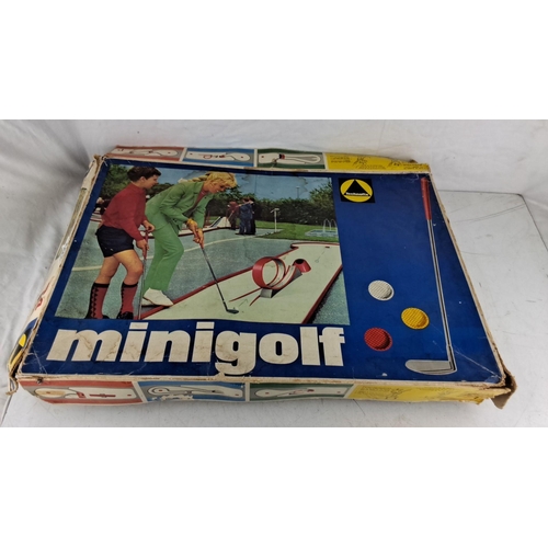 783 - Technofix Minigolf Board Game, vintage. Includes box, various miniature golf course tracks, and them... 